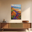 Ocean Cliffside, Floral, Seascape, Framed Canvas Print, Coastal Nature Wall Art, Bold Botanical Beach Decor, Bathroom Accent Piece