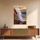 Wave Splash, Cliffside, Sunset, Framed Canvas Print, Bold Ocean Wall Art, Coastal Living Room Decor, Vibrant Beach Seascape Painting