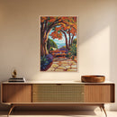 Autumn Table, Garden Path, Scenic View, Framed Canvas Print, cozy fall art, rustic decor, nature painting, Dining Room Wall Art