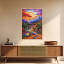 Rainbow Over Mountains, Sunset Pine Forest, Vibrant Landscape, Framed Canvas Print, Kids Room Art, Uplifting Boho Style Wall Decor