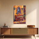 Spanish Piano, Sunlit Interior, Warm Rustic Style, Music Room Wall Art, Traditional Decor, Framed Canvas Print, Mediterranean Home Vibe