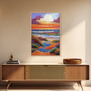 Coastal Sunset, Rolling Waves, Vibrant Beachscape, Boho Ocean Scene, Living Room Wall Art, Seaside Decor, Framed Canvas Print