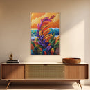 Feather Leaves, Ocean Vibe, Sunset Garden, Fall Colors, Framed Canvas Print, botanical wave art, autumn leaf decor, coastal plant painting