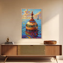 Buoy Ocean Sailboat Painting, Framed Canvas Print, Nautical boho decor, beach home wall art, coastal sunset colors, lakehouse vibe