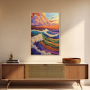 Colorful Ocean Waves, Sunset Surf Art, Rainbow Water Scene, Framed Canvas Print, Coastal Wall Decor, Vibrant Bathroom Art