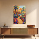 Coastal Village Path, Sunset Vibes, Tropical Getaway, Bright Colors, Framed Canvas Print, Coastal Wall Art, Living Room Decor, Boho Art
