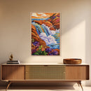 Coastal Waterfall, Ocean Rocks, Tropical Seascape, Sunset Art, Framed Canvas Print bathroom decor, beach lovers gift, colorful nature art