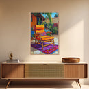 Chair Patio Palm, Tropical, Framed Canvas Print tropical garden wall art, colorful patio vibes, summer decor, boho sunroom wall art