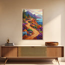 Winding Trail, Ocean Cliffs, Coastal Landscape, Mountain View, Framed Canvas Print, rustic wall art, cabin decor, colorful nature painting