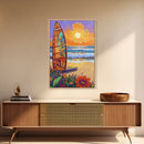 Surfboard Sunset, Ocean View, Floral Beach, Boho Style, Framed Canvas Print, beach lover gift, tropical home decor, coastal living wall art