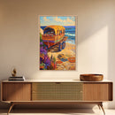 Wagon Ocean, Boho, Beach Scene With Hat Art, Framed Canvas Print, Eclectic Living Room Wall Art, Summer Coastal Decor, Vibrant Colors