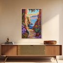 Pathway Ocean, Archway, Colorful Coastal View, Framed Canvas Print, Bohemian Hallway Art, Tropical Escape Decor, Vibrant Travel Scene