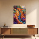 Forest Stream, Autumn, Nature, Framed Canvas Print, Colorful autumn forest creek scene, nature-inspired living room, fall rustic wall art