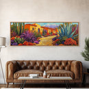 Desert Garden, Adobe Home, Cactus Pathway, Colorful Southwest, Framed Canvas Print, Kitchen Wall Art, Boho Western Decor, Vibrant Desert Scene