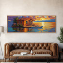 Floating Home, Lake Sunset, Tranquil Retreat, Framed Canvas Print, peaceful wall art, waterfront decor, lakehouse artwork