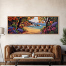 Secluded Beach Painting, Colorful Coastal Trees, Tropical Shoreline View, Framed Canvas Print, Relaxing Bathroom Art, Boho Bedroom
