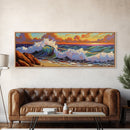 Vibrant Wave Break, Sunset Beach Art, Ocean Surf Decor, Modern Seascape Accent, Living Room Wall, Framed Canvas Print