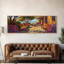 Garden Patio, Seaside Escape, Bright Cottage, Floral Path, Framed Canvas Print, Summer Porch Art, Kitchen Courtyard Painting