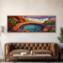 Garden Oasis, Coastal Pool, Tropical Bloom, Framed Canvas Print, Bathroom Wall Art, Vibrant Nature Decor, Colorful Landscape Art