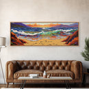 Sunset Shore View, Vibrant Ocean Wave, Footprints in Sand, Coastal Seascape Art, Framed Canvas Print, Beach House Wall Decor