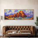Rocky Beach Escape, Sunset Ocean View, Coastal Nature Art, Canvas Print, Tropical Wall Art, Bold Color Decor, Bedroom Seascape Art