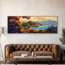 Island Retreat, Ocean View, Palm Trees, Colorful Foliage, Framed Canvas Print, tropical wall art, boho living room accent piece