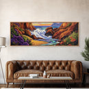 Rocky Shore, Ocean Splash, Sunset Cove, Botanical Scene, Framed Canvas Print, vibrant coastal wall art, beach bathroom decor, ocean vibe
