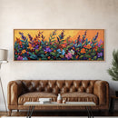Autumn Garden Flowers, Orange Sky, Bold Leaves, Seasonal Blooms, Canvas Print, Fall Kitchen Wall Art, Botanical Color Pop