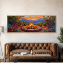 Mountain Campfire Glow, Forest Bonfire Scene, Sunset Wilderness Art, Canvas Print, Autumn Living Room Decor, Rustic Outdoor Vibe