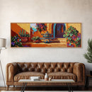 Mexican Pottery, Rustic Charm, Colorful Courtyard, Desert Plants, Framed Canvas Print, Kitchen Wall Art, Boho Decor, Spanish Style Art