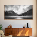 Mountain Lake, Misty Valley, Nature Serenity, Moody Landscape, Framed Canvas Print, Living Room Wall Art, Rustic Cabin Aesthetic