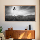 Lighthouse Grass, Seaside Tower, Stormy Sky, Black White, Framed Canvas Print, Beach Bathroom Art, Minimalist Decor, Nautical Print