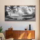 Tropical Coast, Palm Beach, Island View, Cloudy Sky, Framed Canvas Print, Coastal Living Room Art, Beach Wall Decor, Summer Style