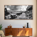 Beach Boardwalk, Coastal Restaurant, Moody Seaside View, Framed Canvas Print, Kitchen or Bar Wall Art, Rustic Autumn Decor