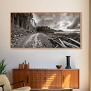 Forest Ocean Trail, Stormy Beach Scene, Driftwood Pathway, Framed Canvas Print, Cabin Entryway or Nature-Inspired Living Room Art