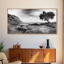 Picnic Table View, Coastal Meadow Scene, Tree and Cliff Horizon, Framed Canvas Print, Relaxing Kitchen or Outdoor Patio Wall Art