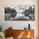 Forest Shoreline, Pebble Beach, Misty Inlet, Calm Waters, Canvas Print, natural modern art, neutral palette, living room wall decor