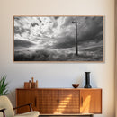 Power Pole, Rural Landscape, Stormy Sky, Country Calm, Framed Canvas Print, farmhouse entryway wall art, rustic black and white print