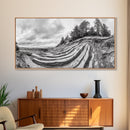 Striped Cliffs, Coastal Layers, Forest Edge, Earth Patterns, Framed Canvas Print, Nature Abstract Art, Bedroom Wall Decor