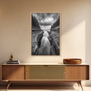 Rocky Waterway, Coastal Reflections, Dramatic Cloudscape, Ocean Nature Print, Framed Canvas Print, Bathroom Wall Art, Modern Rustic Style