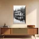 Floating Cabin, Lake House, Forest Reflection, Tranquil Waters, Framed Canvas Print, Bedroom Wall Art, Cabin Aesthetic, Rustic Nature Vibe