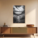 Highland Ocean Trail, Dramatic Clouds, Monochrome Nature, Canvas Print, Office Wall Art, Adventure Landscape, Rustic Home Decor