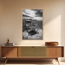 Deserted beach chair, quiet coast vibes, windswept scene, peaceful solitude, Canvas Print, hallway decor, rustic retreat outdoor artwork