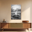 Beach bonfire moment, soft flame serenity, ocean dusk, coastal camp vibes, Framed Canvas Print, Fall decor, hygge inspired wall decor