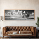 Lifeguard Tower Sky, Beach Scene Clouds, Surfside Minimalism, Framed Canvas Print, Bathroom Wall Art, Modern Coastal Decor