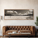 Beach Volleyball, Sand Court, Summer Fun, Tropical Clouds, Framed Canvas Print, Sports Room Wall Art, Coastal Decor, Sepia Beach Art