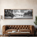 Misty Coastline, Dramatic Shore, Moody Ocean Scene, Framed Canvas Print, Coastal Living Room Art, Black and White Nature Decor