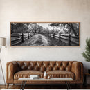 Tree Tunnel, Country Path, Fence Shadows, Framed Canvas Print, Black and White Nature Art, Rustic Wall Art, Autumn Entryway Decor