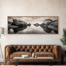 Rock Reflection, Coastal Tranquility, Nature Mirror, Framed Canvas Print, black and white coastal art, zen bathroom decor, moody ocean wall art