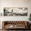 Coastal Stone Marker, Vintage Landscape, Ocean Bluff Wall Art, Sepia Tone Style, Canvas Print, Rustic Living Room Decor